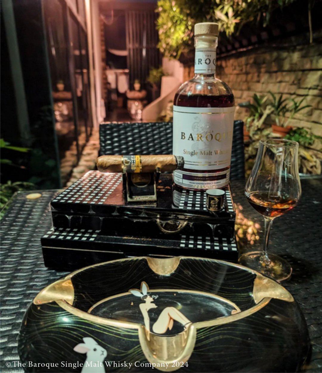 yaer of the rabbit ashtray with Cohiba siglo de oro  cigar and baroque whisky's PX & Kirsch